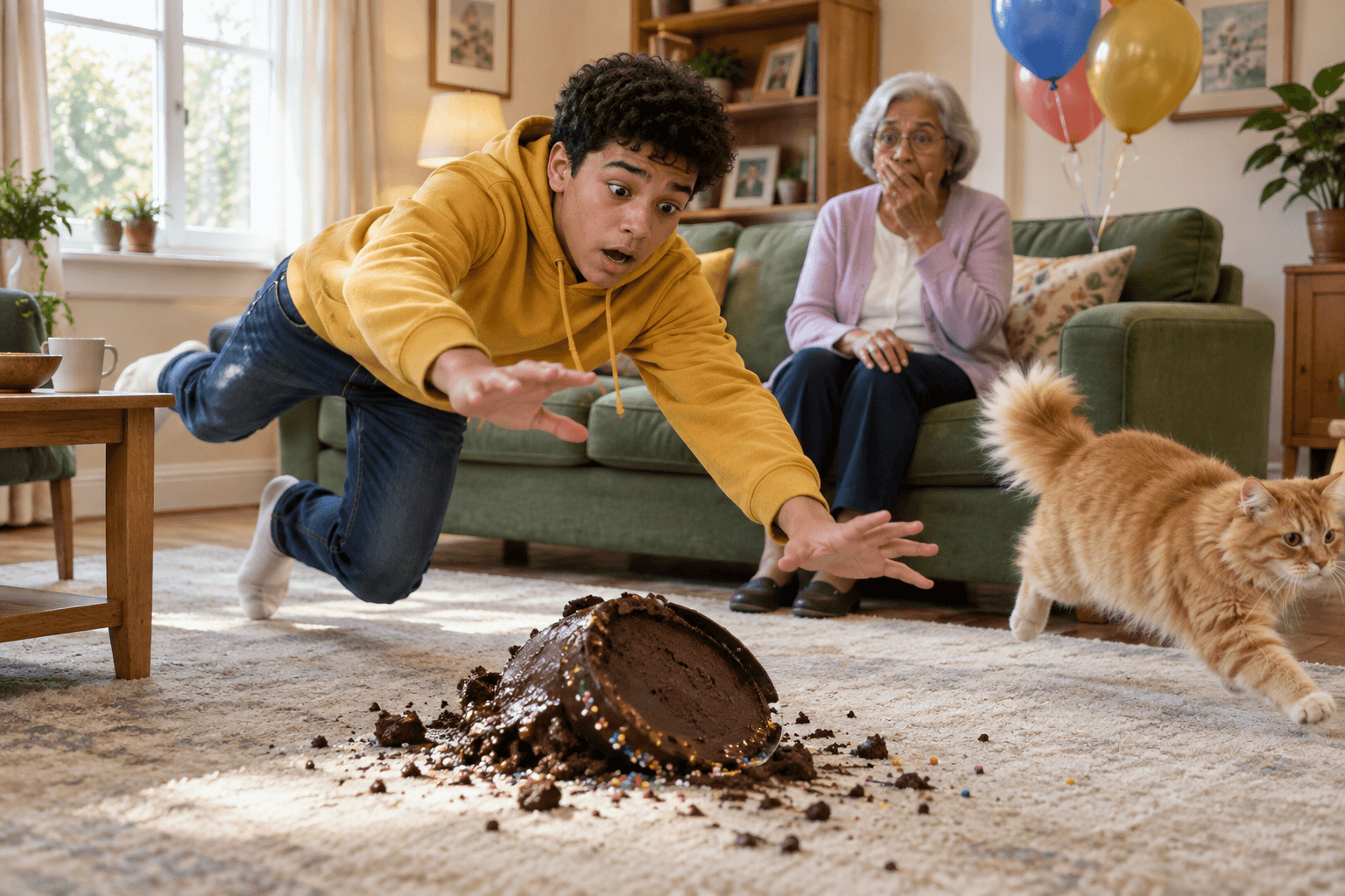 Tomás falls over the cat and the cake lands upside down on the carpet. His grandmother is surprised and the cat runs away.